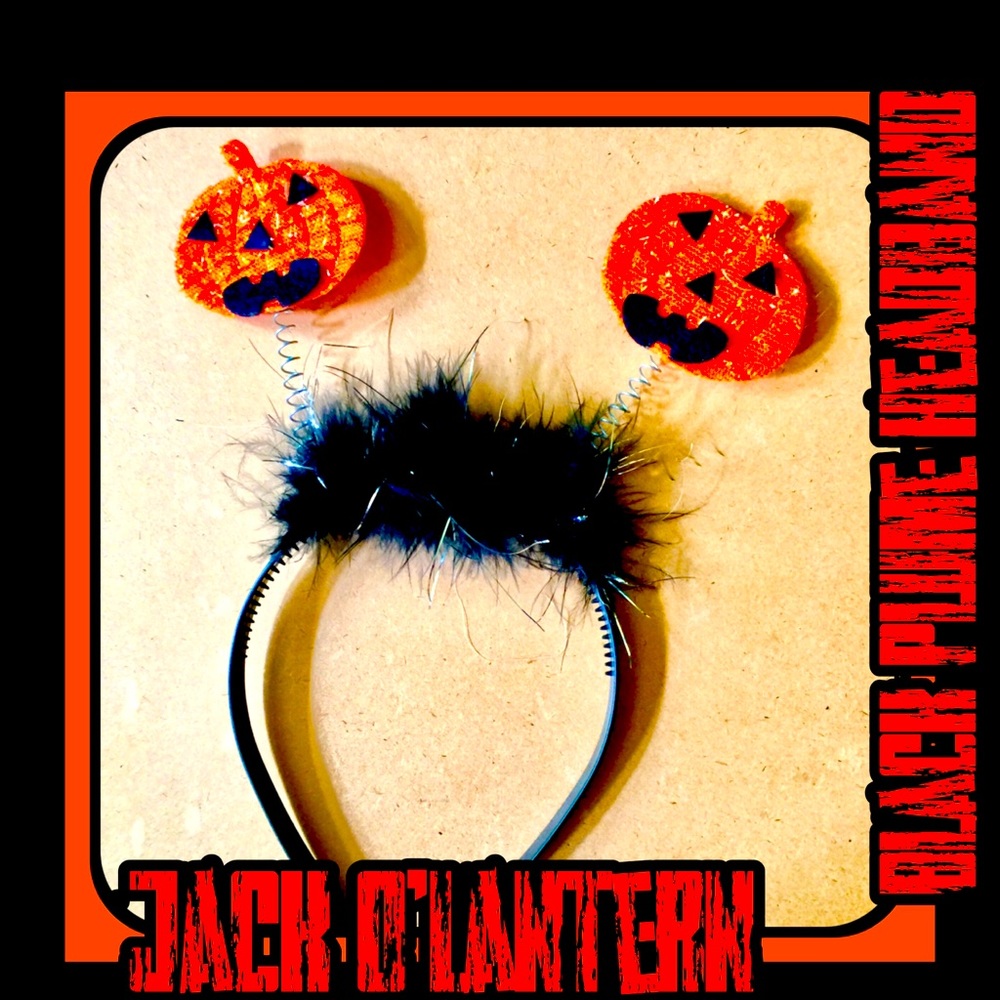 Jack O'Lantern Antennae Halloween Headband Black Plume Grip Costume Accessory